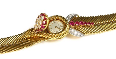 Lot 229 - An 18ct gold ruby and diamond set Jaeger-LeCoultre mechanical back wind cocktail watch, c.1950