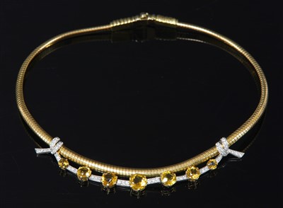 Lot 234 - A two colour gold, platinum, citrine and diamond tubogas necklace, c.1945