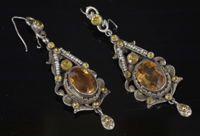 Lot 116 - A pair of Austro-Hungarian silver gilt citrine, paste and seed pearl drop earrings, c.1900