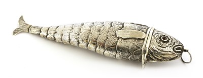 Lot 59 - A white metal besamim holder in the form of an articulated fish