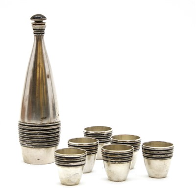 Lot 94 - A Russian silver and enamelled vodka decanter set