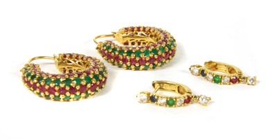Lot 37 - A pair of gold ruby and emerald hoop earrings
