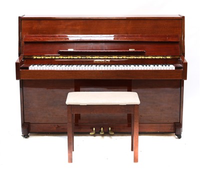 Lot 1739 - A Steinback mahogany cased upright iron framed piano and stool