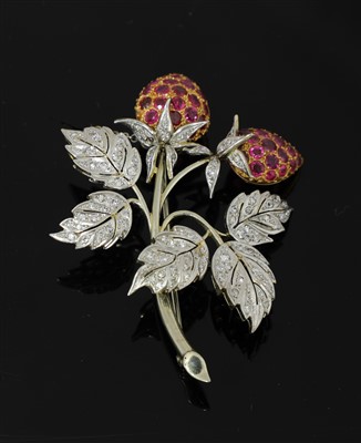 Lot 370 - An Austrian gold and platinum, ruby and diamond strawberry spray brooch, c.1950