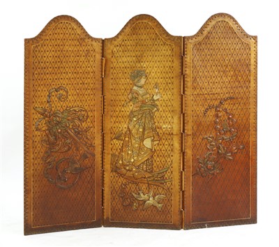 Lot 807 - A Continental embossed three-fold leather screen