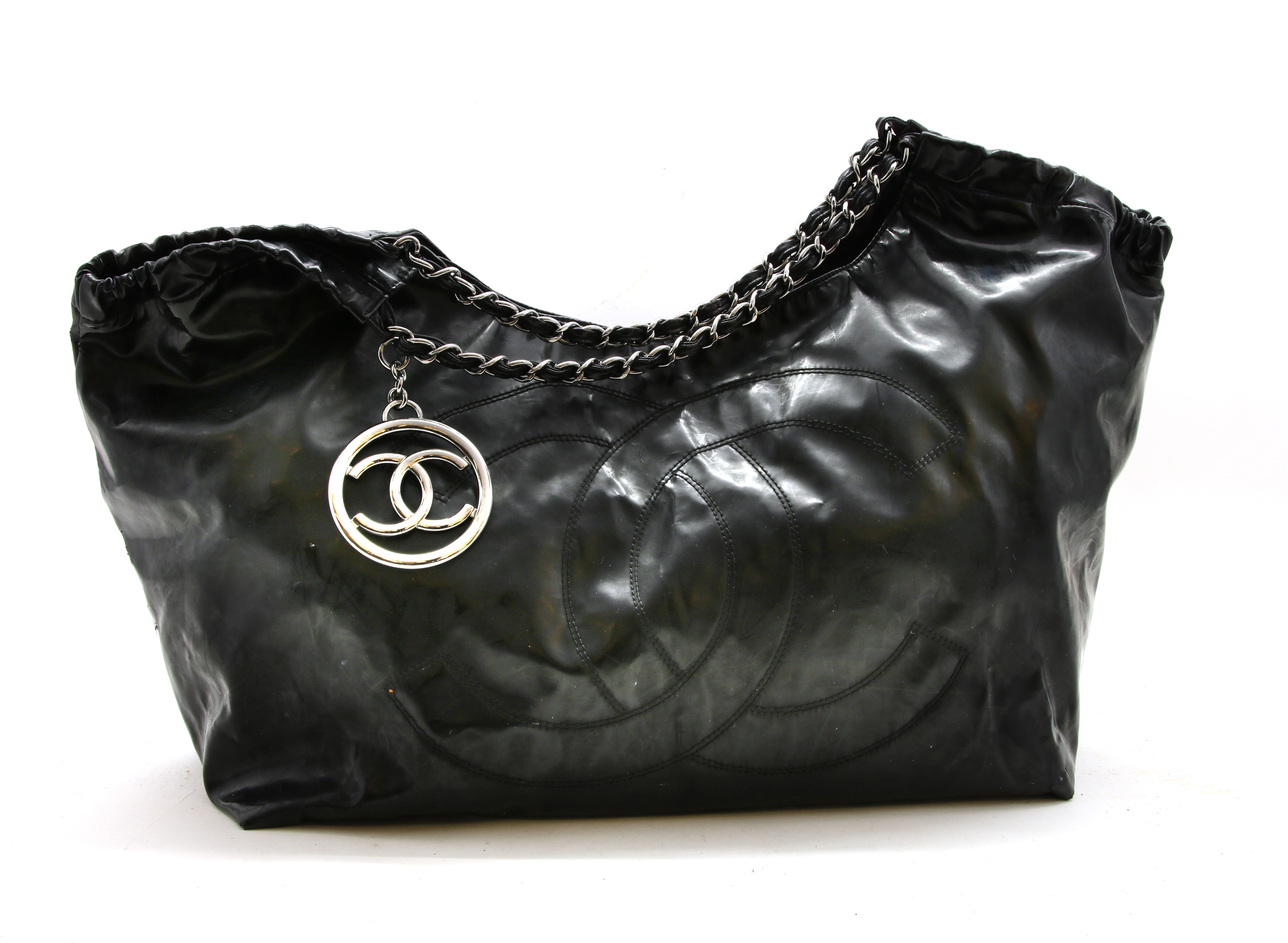 CHANEL Coco Cabas PM Shawls ChainShoulder Bag Black Patent Leather