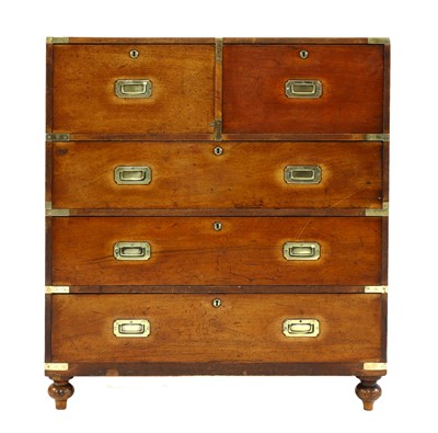 Lot 752 - A teak and brass bound campaign secretaire chest