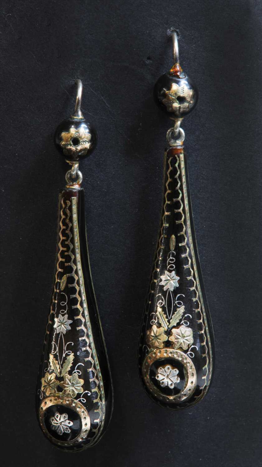 Lot 20 - A pair of Victorian piqué work tortoiseshell drop earrings