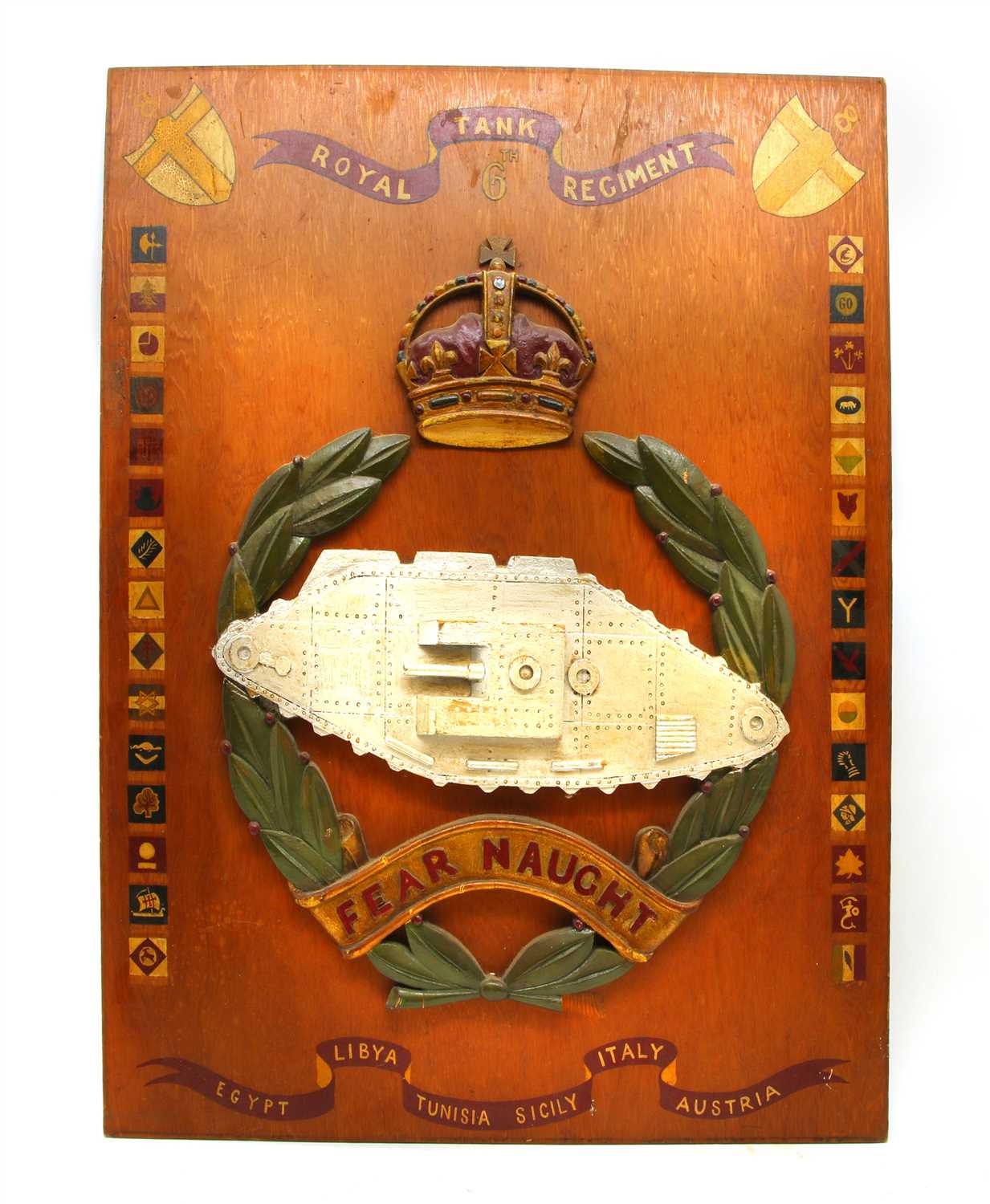 Lot 185 - A WWII 6th Royal Tank Regiment barracks wooden embroidered ‘fear naught’ plaque