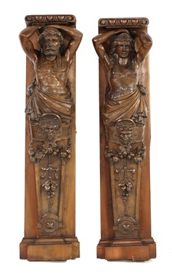 Lot 651 - Two carved walnut figural pilaster brackets