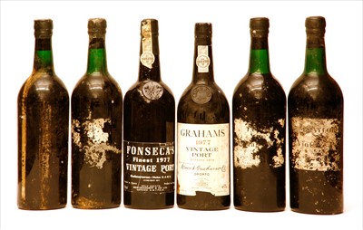Lot 79 - Assorted Port: Taylor's, 1970, four bottles; Fonseca, 1977 one bottle and Grahams, 1977, one bottle