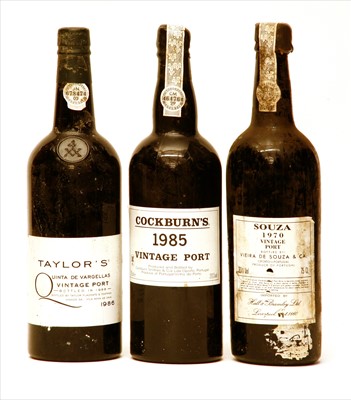 Lot 82 - Assorted Port to include one bottle each: Souza, 1970, Cockburn's, 1985 and Taylor's, 1986