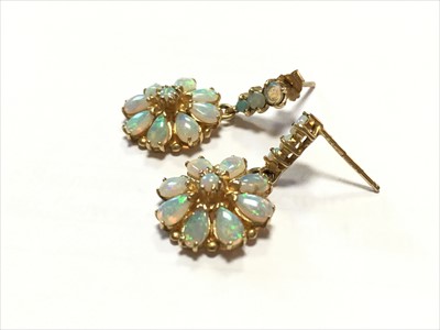 Lot 99 - A pair of 9ct gold opal drop earrings