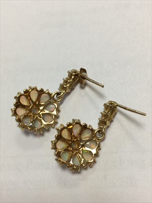 Lot 99 - A pair of 9ct gold opal drop earrings