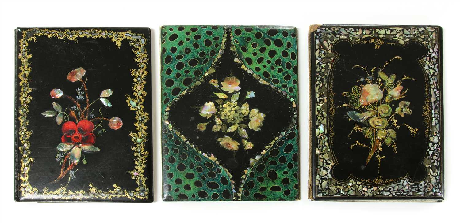 Lot 1108 - Three Victorian black lacquered and inlaid papier mache blotters