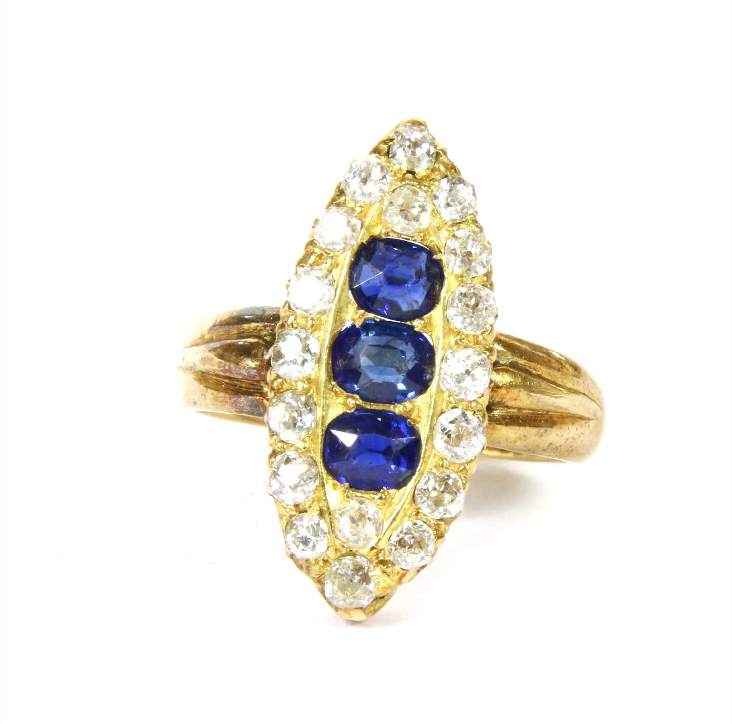 Lot 15 - A late Victorian sapphire and diamond marquise shaped cluster ring