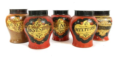 Lot 5 - Five stoneware and red painted tobacco jars
