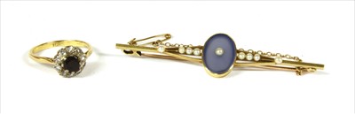 Lot 120 - A gold dyed blue agate and seed pearl bar brooch