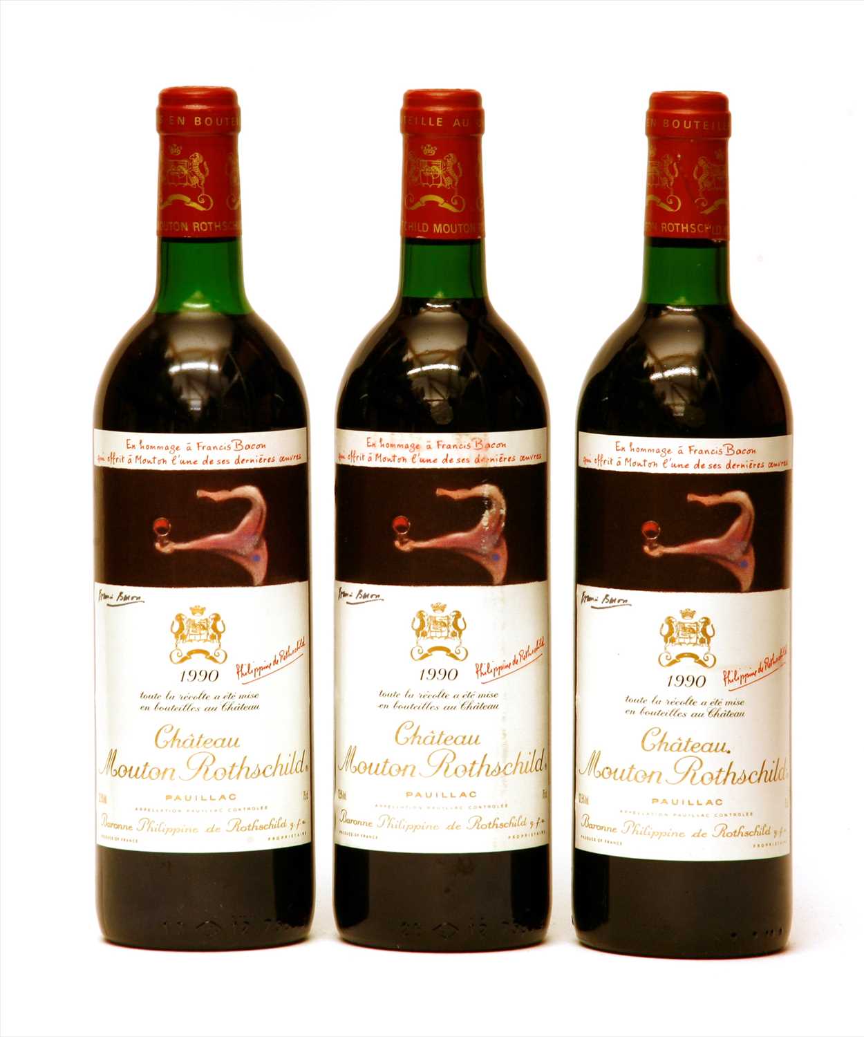 Lot 350 - Château Mouton Rothschild, Pauillac, 1st growth, 1990, three bottles (with Francis Bacon labels)