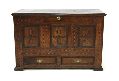 Lot 775 - An 18th century Welsh inlaid oak mule chest