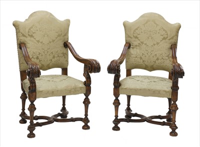 Lot 774 - A pair of Baroque Revival walnut-framed armchairs