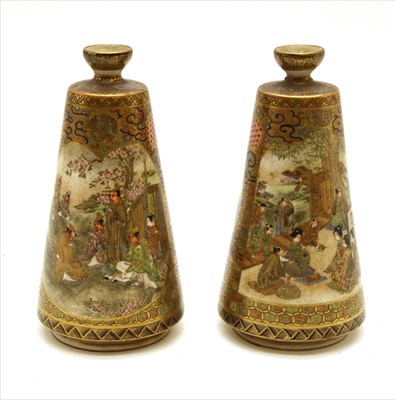 Lot 107 - A pair of Japanese Meiji period satsuma vases of conical form
