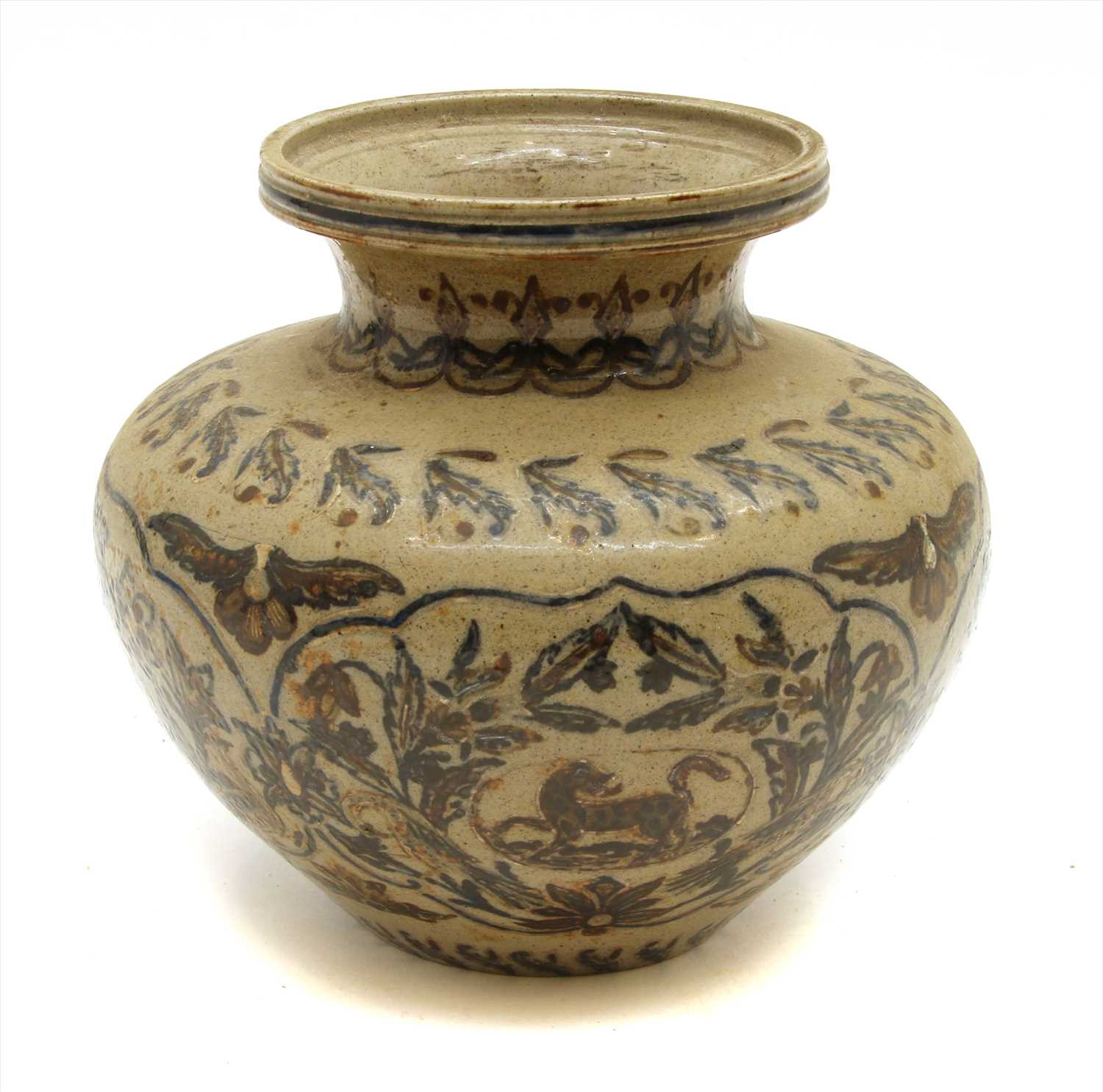 Lot 80 - A 19th century stoneware vase of squat form