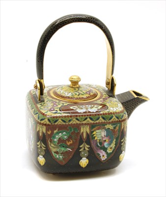 Lot 626 - An unusual Japanese cloisonné enamel square-shaped tea pot