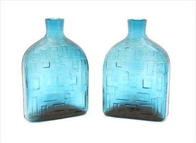 Lot 615 - A pair of Italian Empoli blue tinted glass Cubist vases