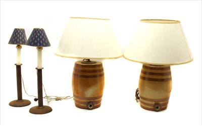 Lot 484 - A pair of stoneware barrel table lamps and shades