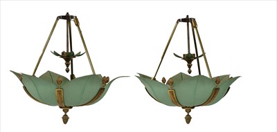 Lot 933 - A pair of patinated metal ceiling lights