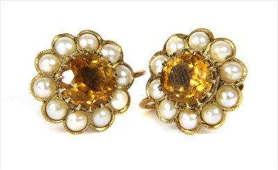 Lot 81 - A pair of 9ct gold citrine and split pearl cluster earrings