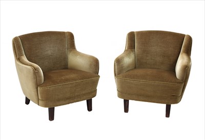 Lot 438 - A pair of Danish green velvet armchairs