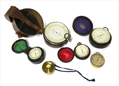 Lot 230 - Five pocket aneroid barometers and a surveying hypsometric aneroid