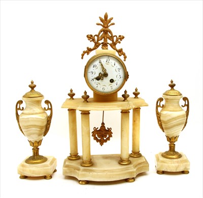 Lot 319 - A 19th century alabaster, onyx and gilt metal mantel clock set