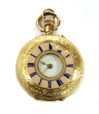Lot 170 - A gold Swiss enamel half hunter style pin set fob watch