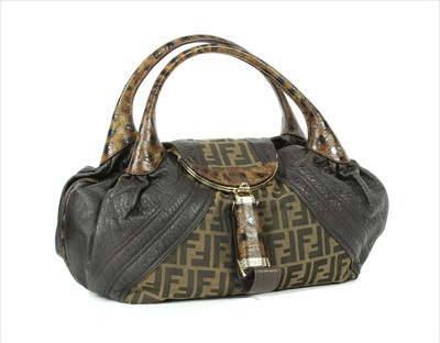 Lot 264 - A Fendi brown leather and zucca canvas ‘Spy’ bag