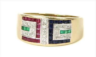Lot 39 - A 9ct gold ruby, sapphire, emerald and diamond ring