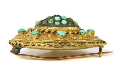 Lot 12 - A Victorian Etruscan Revival style gold turquoise brooch
