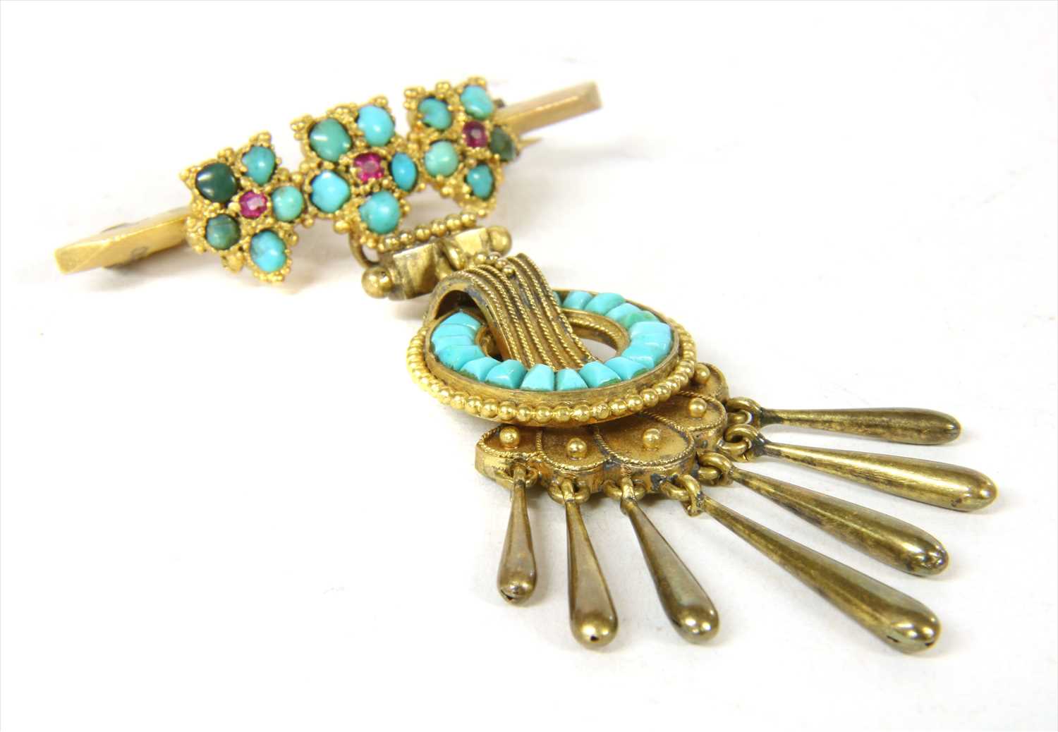 Lot 11 - A gold ruby and turquoise brooch