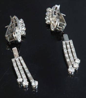 Lot 138 - A pair of diamond set waterfall drop earrings, c.1940