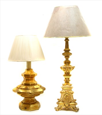 Lot 290 - Two giltwood table lamps and shades