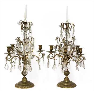 Lot 95 - A pair of five-light cut-glass and brass table lustres