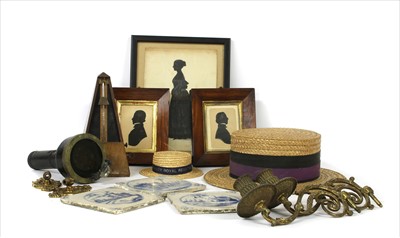 Lot 293 - Sundries: sihouettes, straw boater by Dunn and Co, metronome, 4 Delft tiles