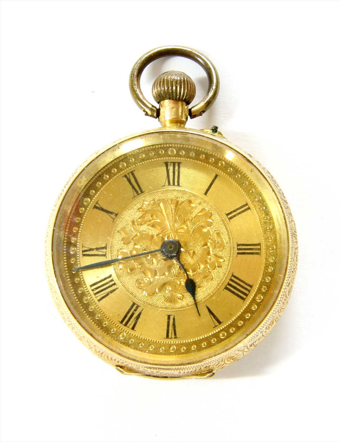 Lot 34 - A Swiss gold pin set open-faced fob watch
