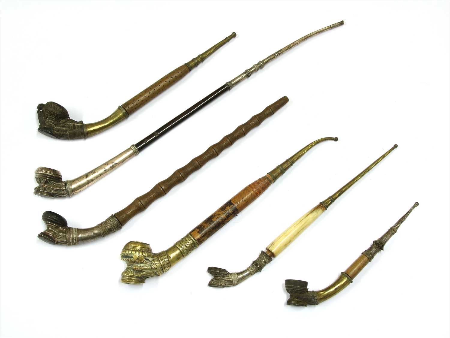Lot 4 - Six Burmese clay-mounted pipes