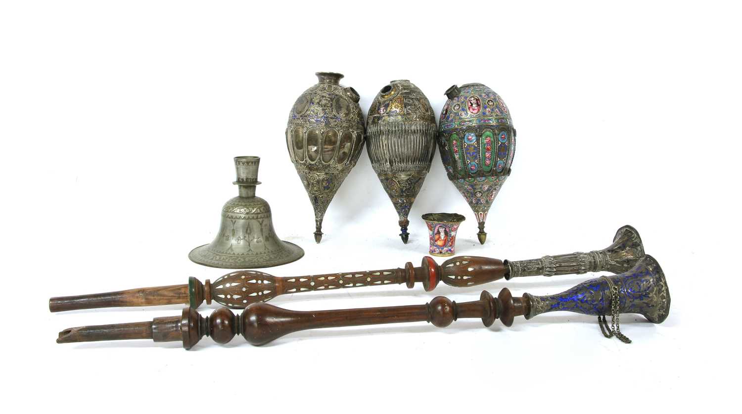 Lot 16 - Two Persian silver and enamelled narghile water pipes