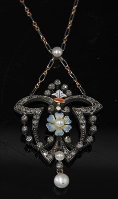 Lot 88 - An Art Nouveau diamond and enamel pendant