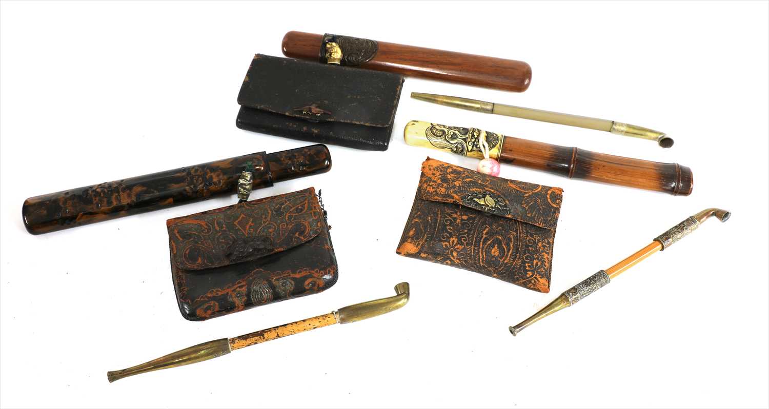 Lot 25 - Three Japanese smoking sets, kiseruzutsu (pipecase) with kiseru and tabako-ire (tobacco pouch)