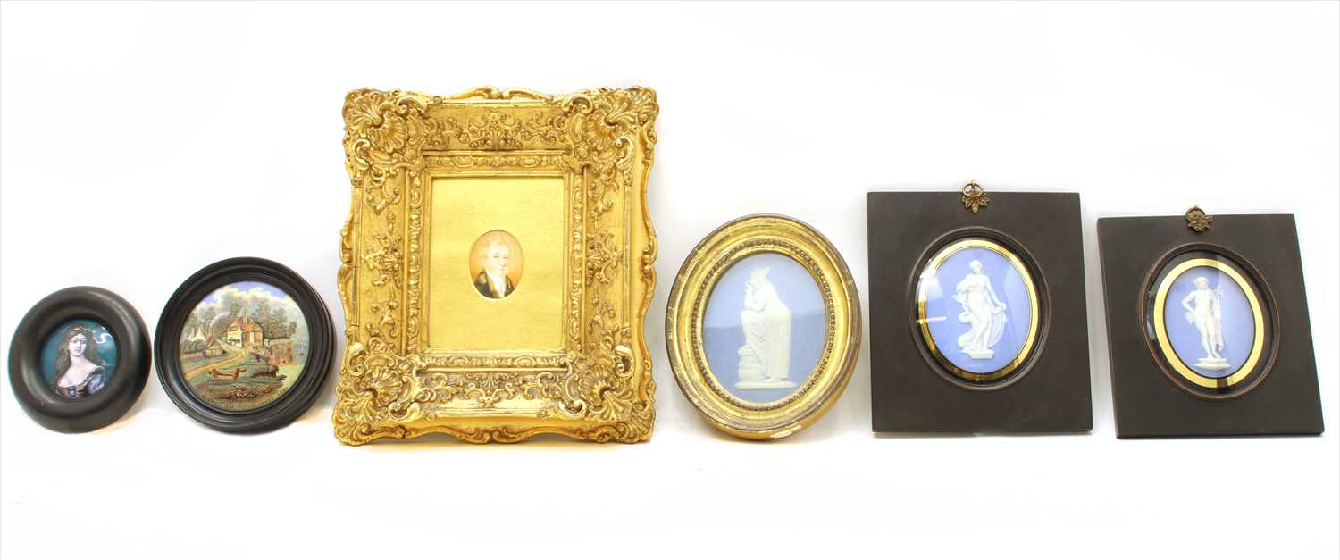 Lot 240 - Three Wedgwood jasperware plaques of classical maidens